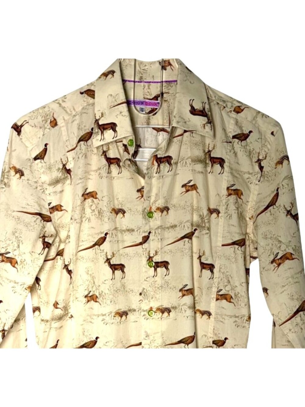 Coton Doux Mens Slim Fit Shirt 38 15 Wildlife Print Beige Forest Animals Hunting